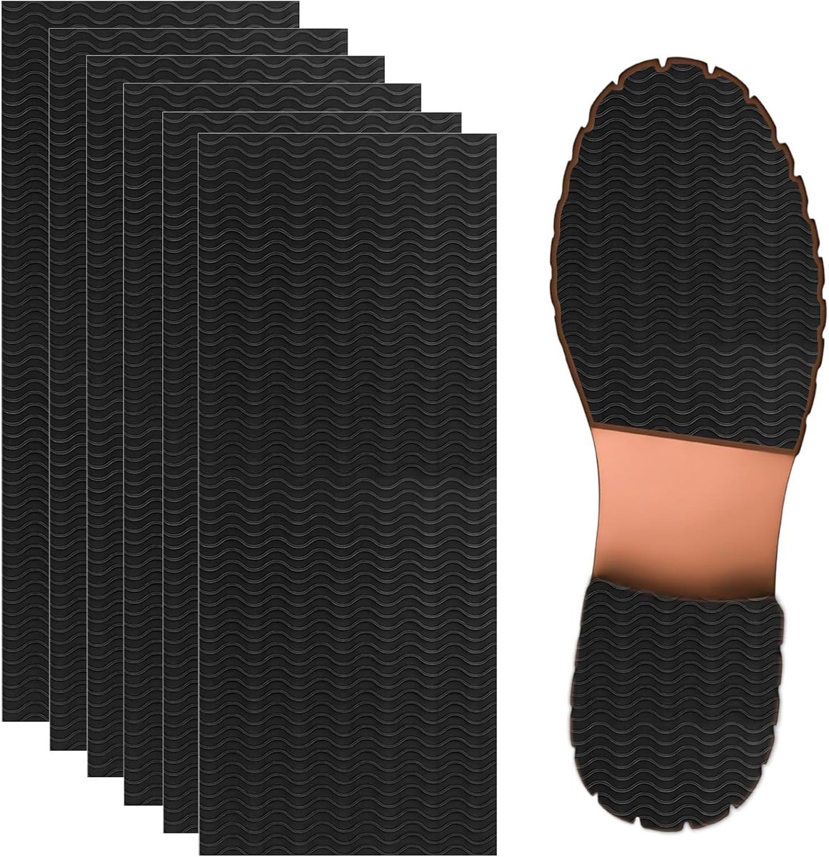 0XBIT Antislipzool, 6 stuks antislip zoolpads, rubberen zolen om op te plakken, 270 x 100 mm, schoenzool, beschermende handgrepen met golfstructuur, voor slipweerstand en geluidsreductie