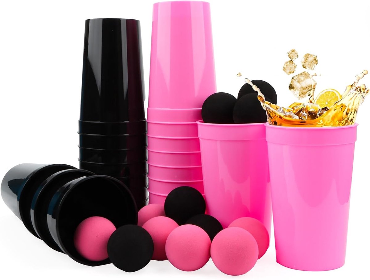 Set van 34 stuks bierpongbekerset, 22 bekers, 12 ballen, zwart roze bierpongbekers, herbruikbaar, 700 ml feestbekers, hard plastic, feestbekers voor verjaardag, bruiloft, picknick, familiefeest