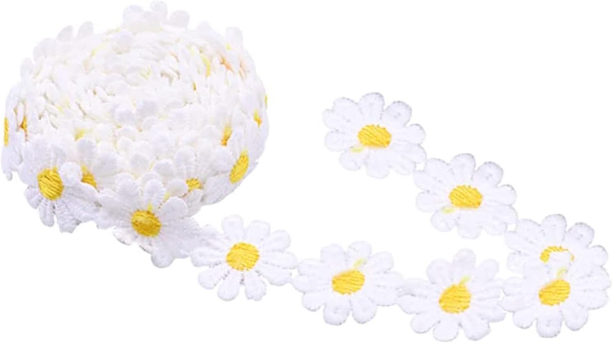 5 yards 2,5 cm applique naaien randen bloem borduurwerk kant lint kant stof madeliefje polyester bloem lint applicaties voor haarband, kleding (geel, wit)