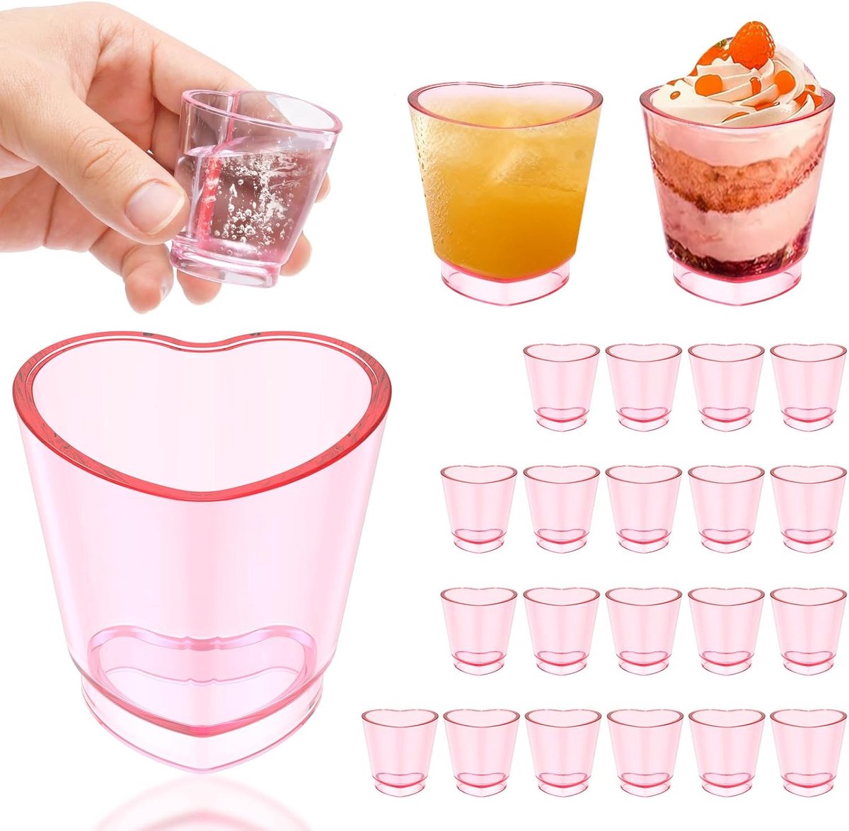 24 stuks hartvormige borrelglazen, 45 ml, kunststof, roze shotglazen voor whisky, tequila, ouzo en likeur