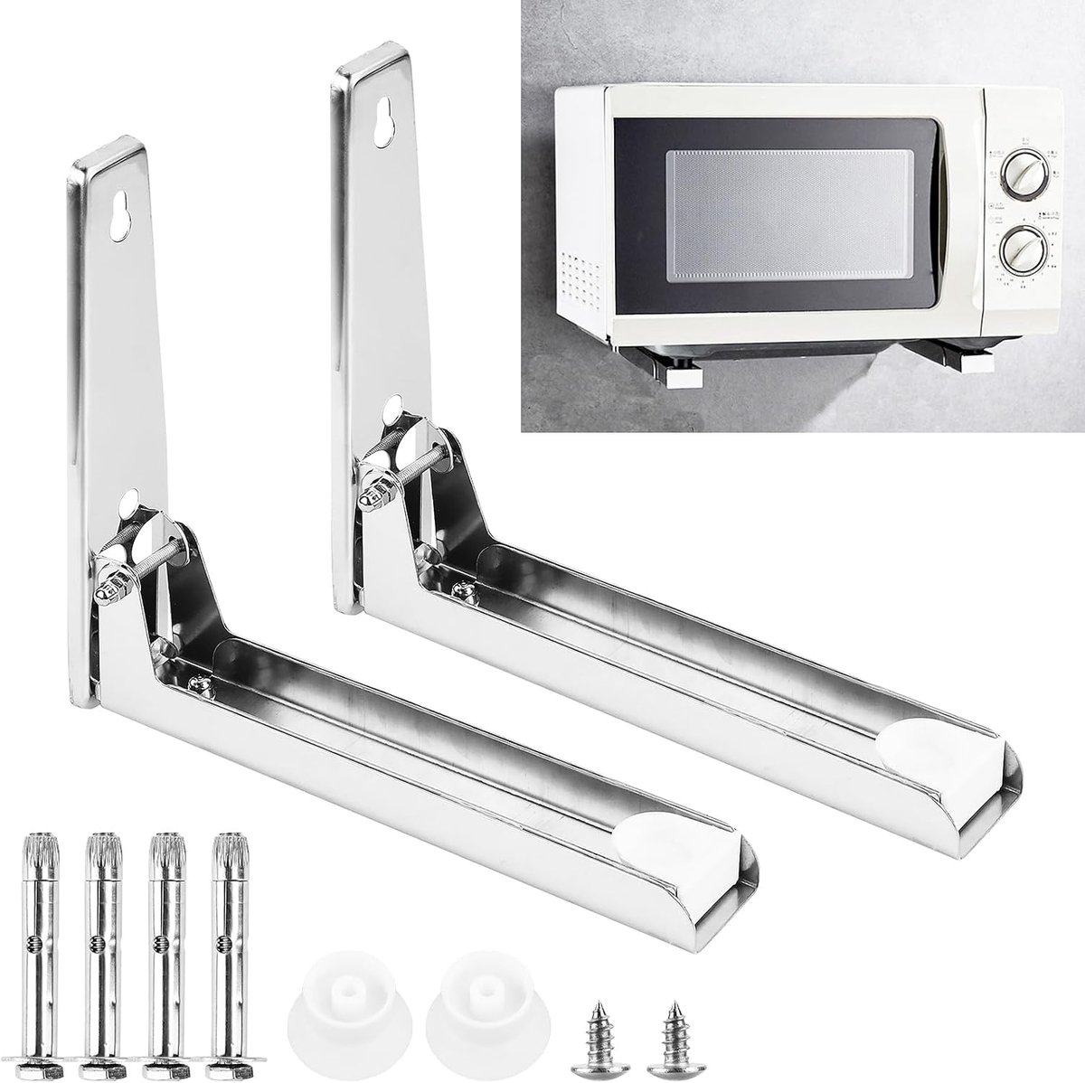 Magnetronhouders, 2 stuks, aan de muur, roestvrij staal, wandhouder voor magnetron, ovenhouder met 2 schroeven, 4 expansieschroeven, 2 rubberen voetjes