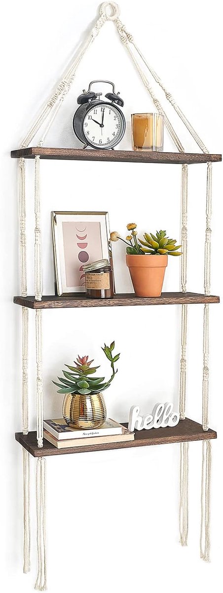 Zwevend houten wandrek met 3 niveaus van macramé met mooi geweven touw, bohemien slaapkamerdecoratie voor badkamer, slaapkamer, woonkamer, kinderkamer