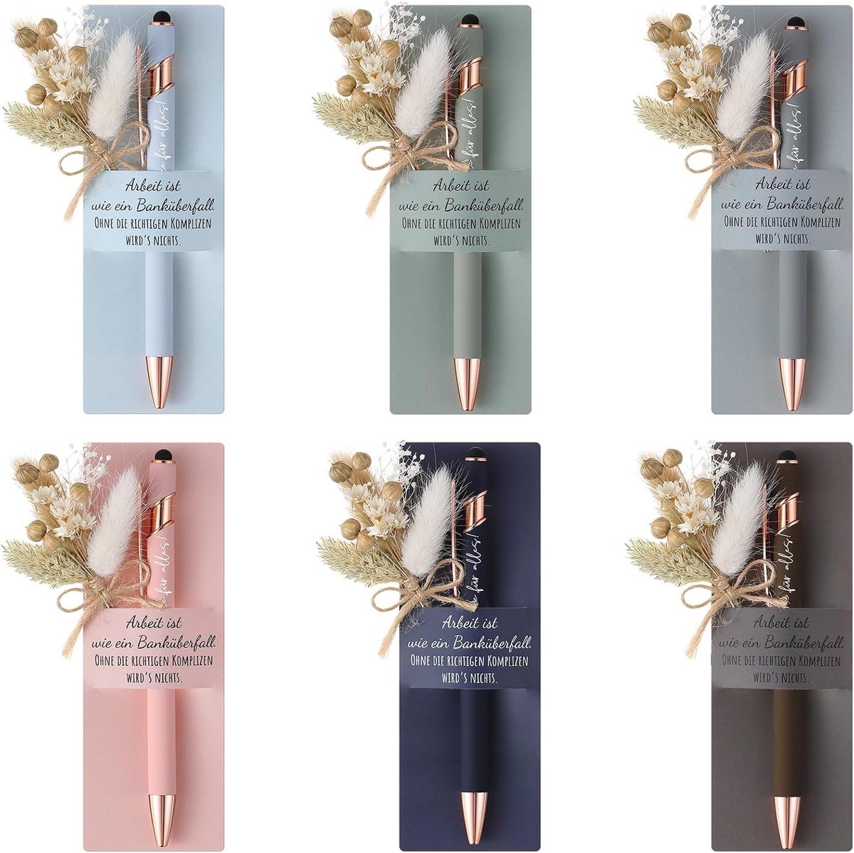 Bedankcadeaus voor Collega's en Teamleden Inclusief Touchscreenpen met Gravure Echt Boeket Gedroogde Bloemen Pennenhouder(6 Sets,Arbeit ist wie ein Bankraubfall)