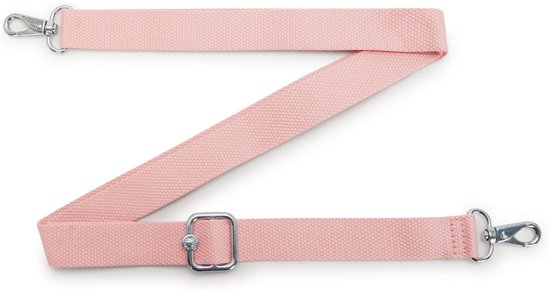 Lichtroze stoffen schouderband met zilverkleurige gespen.