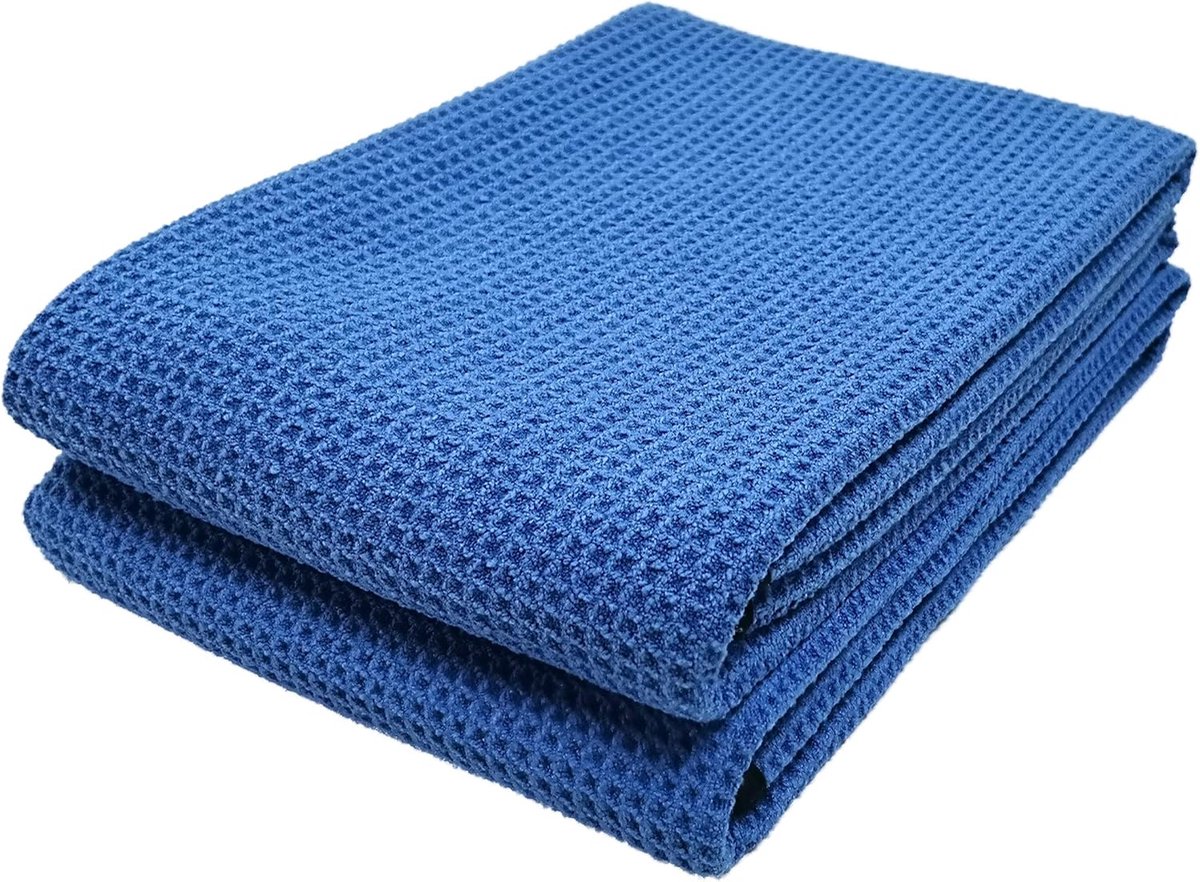 - Topkwaliteit microvezel droogdoek - 2-pack - wafel - blauw - 63 cm x 91 cm