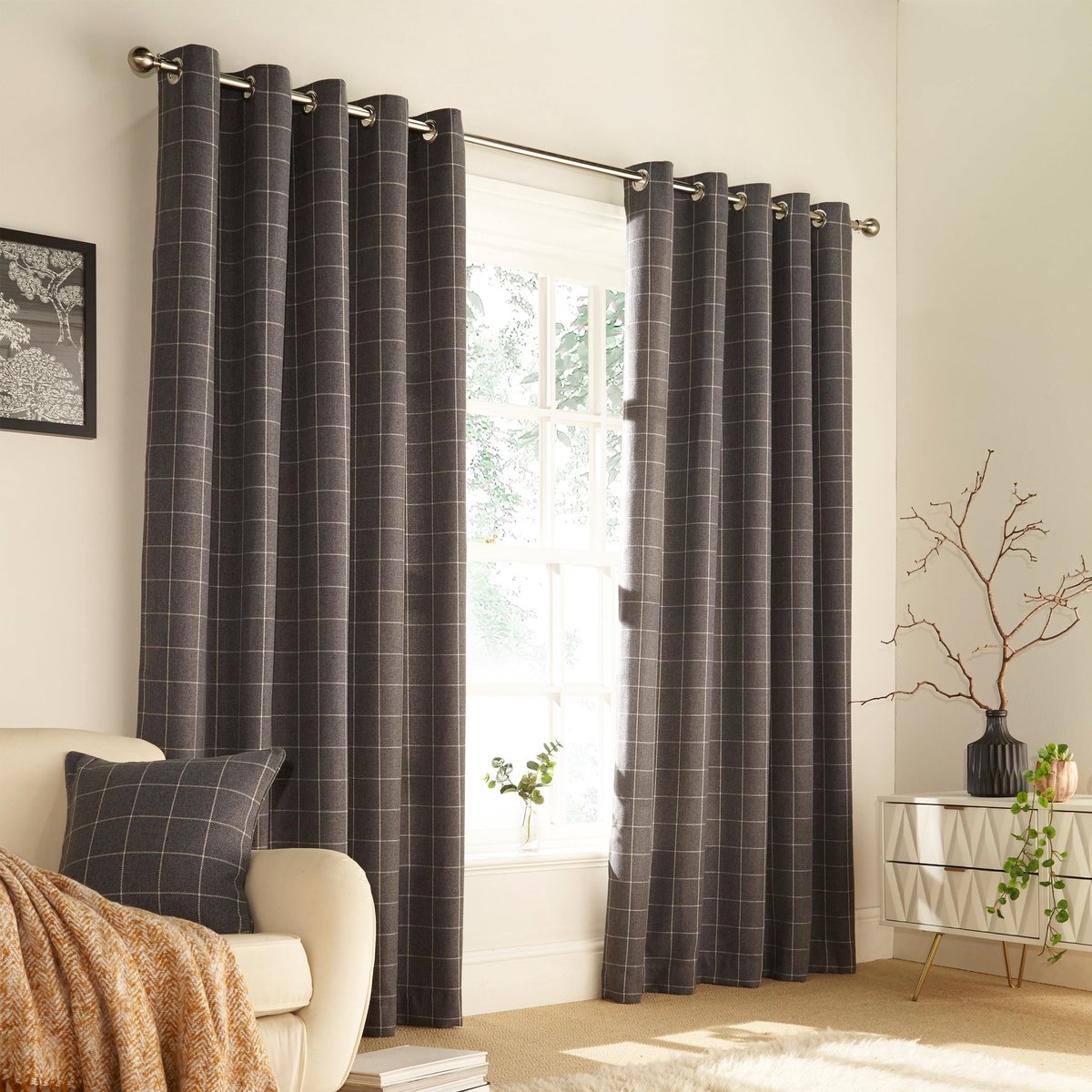 Omgoods - Verduisterende Gordijnen met Ruitpatroon 168 x 137 cm Grijs