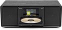 Zwarte Audizio Palmi radio met CD-lade open en een CD erin, staand op een aanrecht.