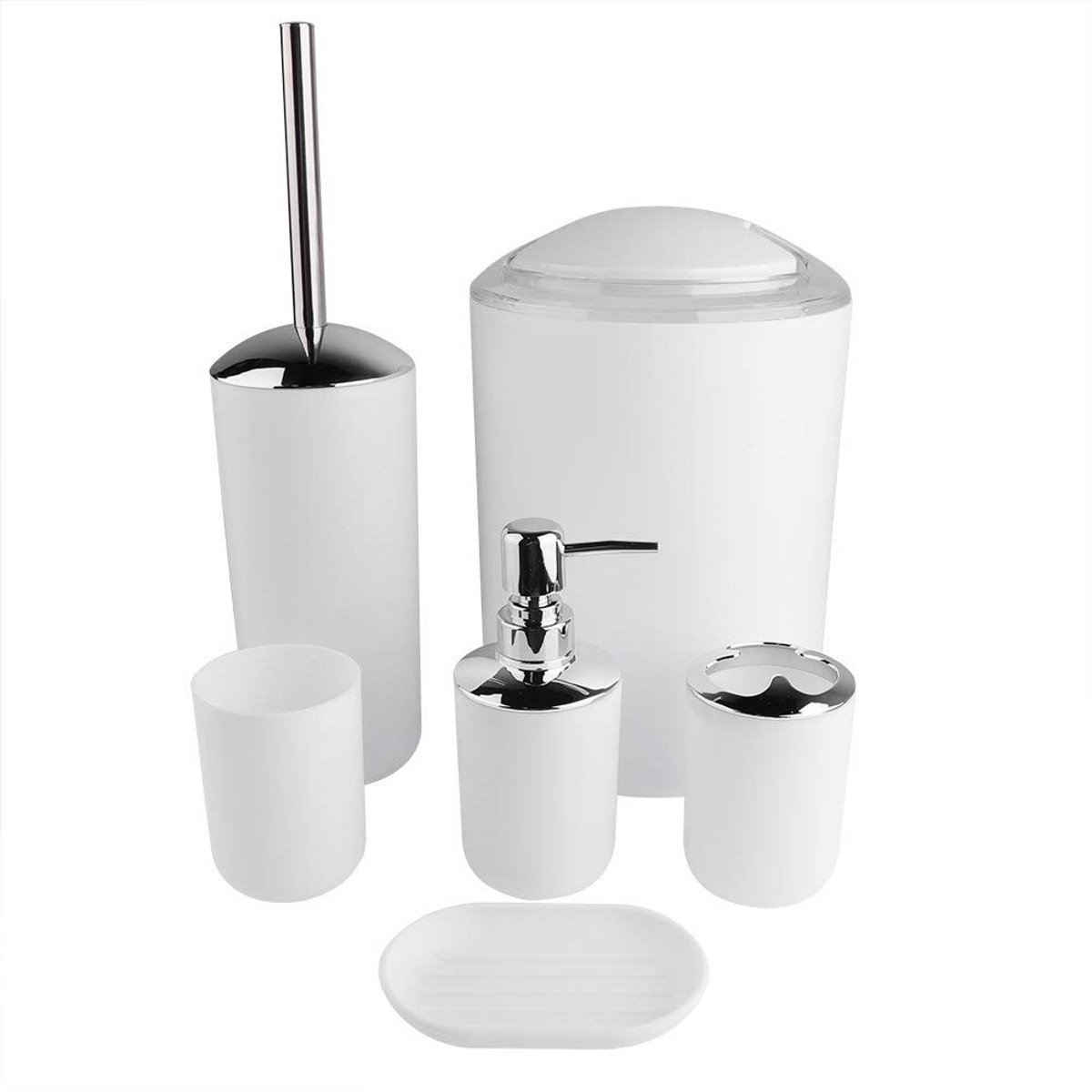 Omgoods- Badkameraccessoireset 6-delig - Zeepdispenser - Tandenborstelhouder/Beker - Toiletborstel met Houder - Vuilnisemmer - Duurzaam Kunststof/Metaal - Badkameraccessoires