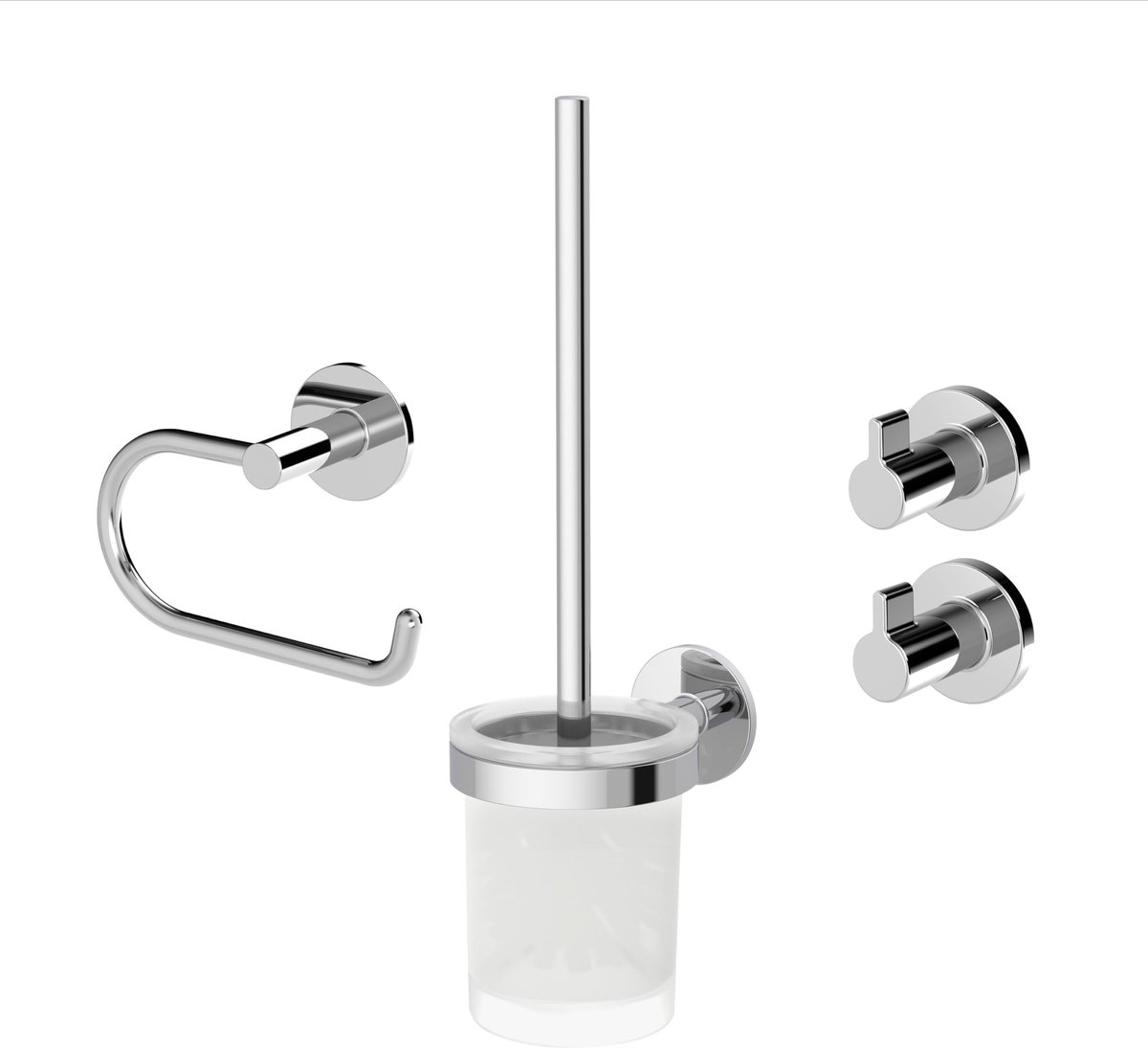 Omgoods - Starterset Vida Chroom: 2 Haken, Toiletrolhouder en Toiletborstelset