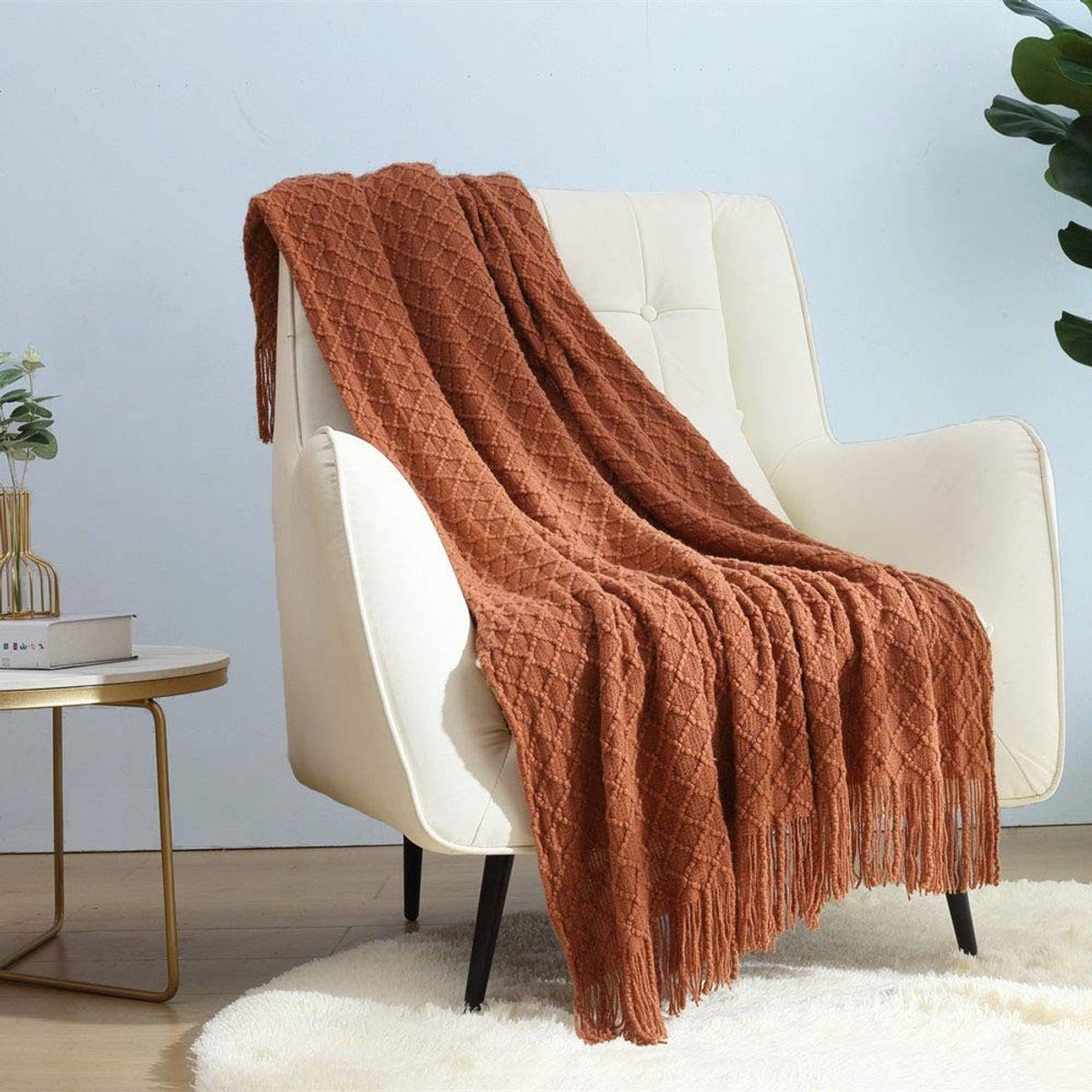 Omgoods- Gebreide Deken - Zacht/Comfortabel - Lichtgewicht - Geweven Geometrisch Patroon - 127 cm x 152 cm - Onderhoudsvriendelijk - Woondeken