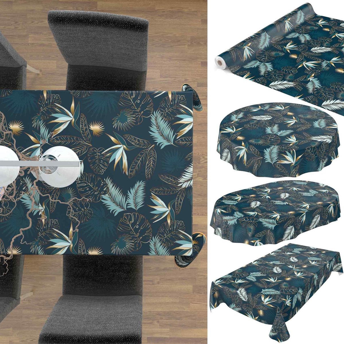 Omgoods - Wasbaar Tuin Tafelkleed Oliekleed 140 cm Ronde Bladeren Goud Blauw