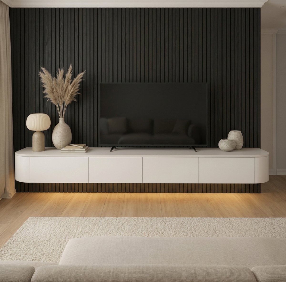 Japandi Tv Meubel Curved - Wit - 180x36x33 cm - Gebogen zijkant - Volledig Gemonteerd - Zwevend TV Meubel 180cm – Wandgemonteerd TV Kast met Deuren en Lade – Floating TV Cabinet – Curved Design – Modern Scandinavisch TV Meubel