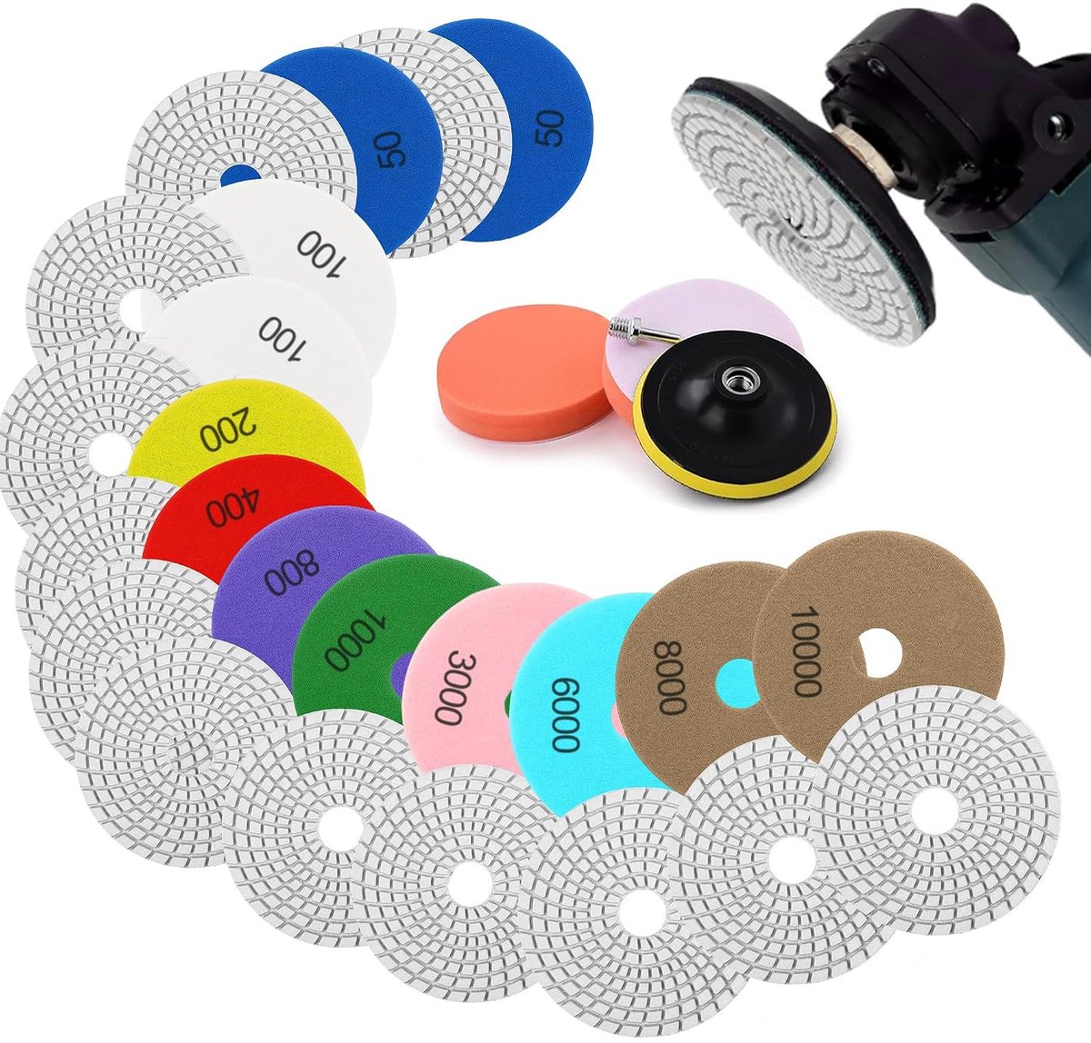 Polijstset voor slijpschijven 100mm - 16-delige set - rubber backing disc - ideaal voor marmer en graniet - ShopVlot