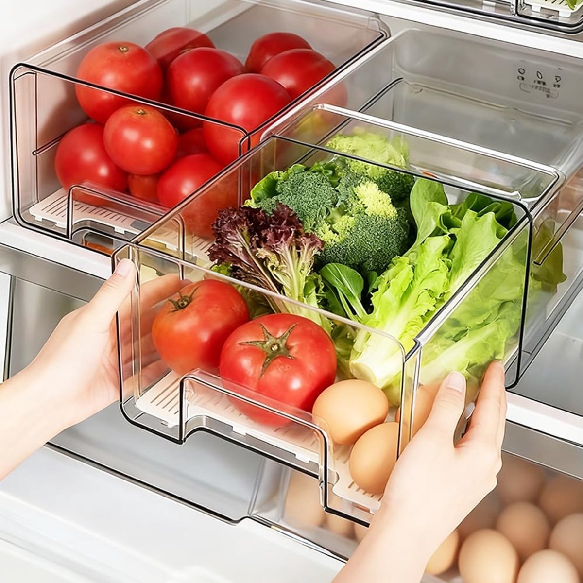 Koelkast organiser lade - transparant - stapelbaar - voor fruit, groenten en snacks - ShopVlot