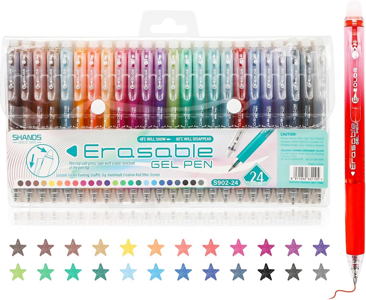 SnelShoppen - 24 Stuks Uitwisbare Gelpennen Set - 0.7MM Fijne Punt - Heldere Kleuren voor Schrijven, Tekeningen, Plannen, School en Kantoor