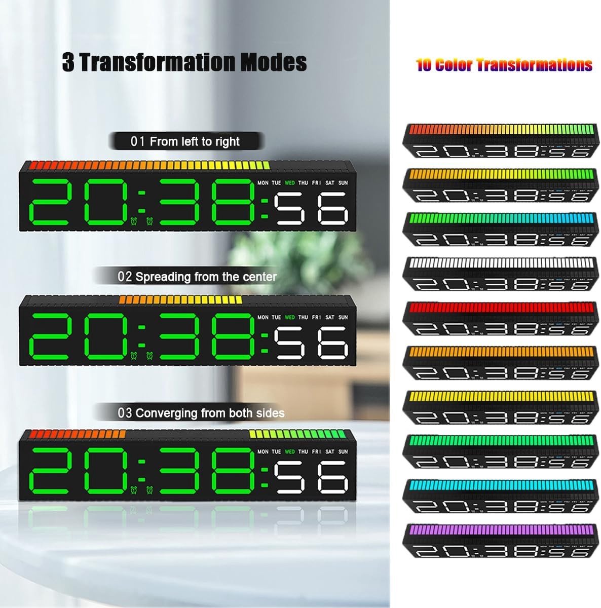 Veelkleurige geluidsgevoelige digitale klok met muziekritme lichtdisplay voor woonkamer, slaapkamer en kantoor, 12/24 uur functie