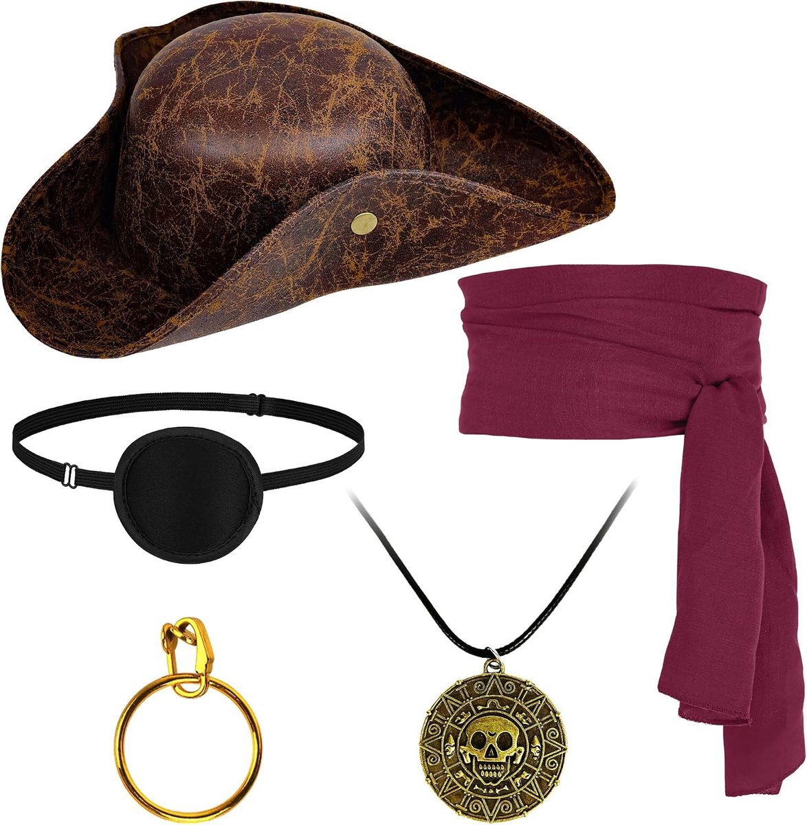 Piratenhoed Kostuum met Accessoires zoals Sjaal, Ooglapje en Kettingoorbel voor Halloween en Renaissance Cosplay