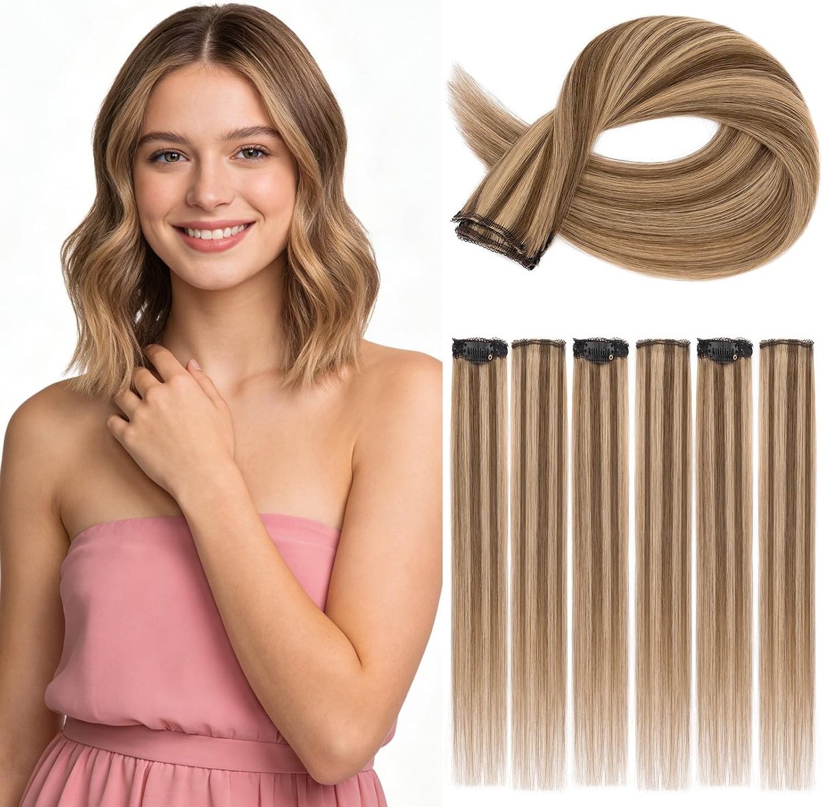 Clip-in Hair Extensions van 100% Echt Haar, 6 Stukken met Clips, 25CM Bruin Chocolade/Dark Blonde, Perfect voor Vrouwen en Kinderen, Gemakkelijk te Gebruiken en Stijlvol