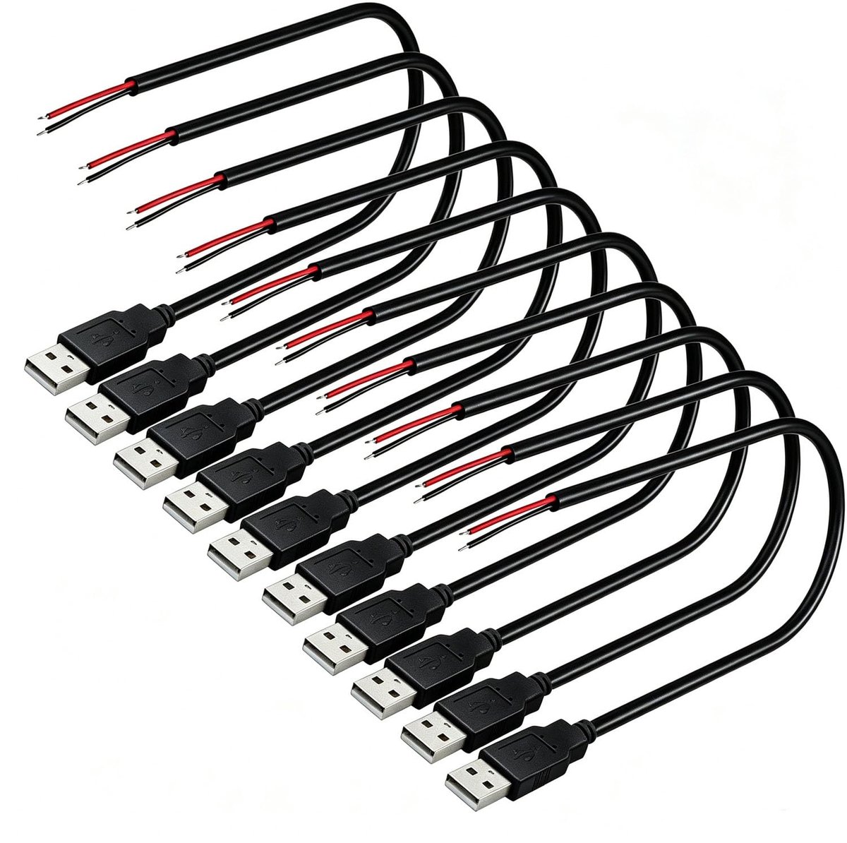 SnelShoppen - Pack van 10 USB Plugs voor Solderen, 2 Pin Pigtail Kabel, 30 cm Blank Kabel voor Installatie of Reparatie, Hoge Kwaliteit PVC