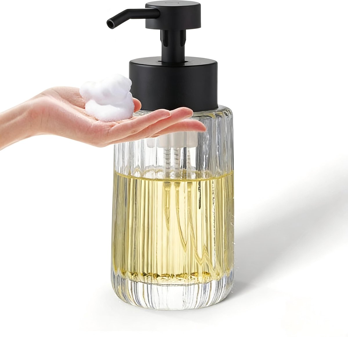 Omgoods - Glazen Zeepdispenser met Zwarte Pomp, 350 ml voor Badkamer en Keuken
