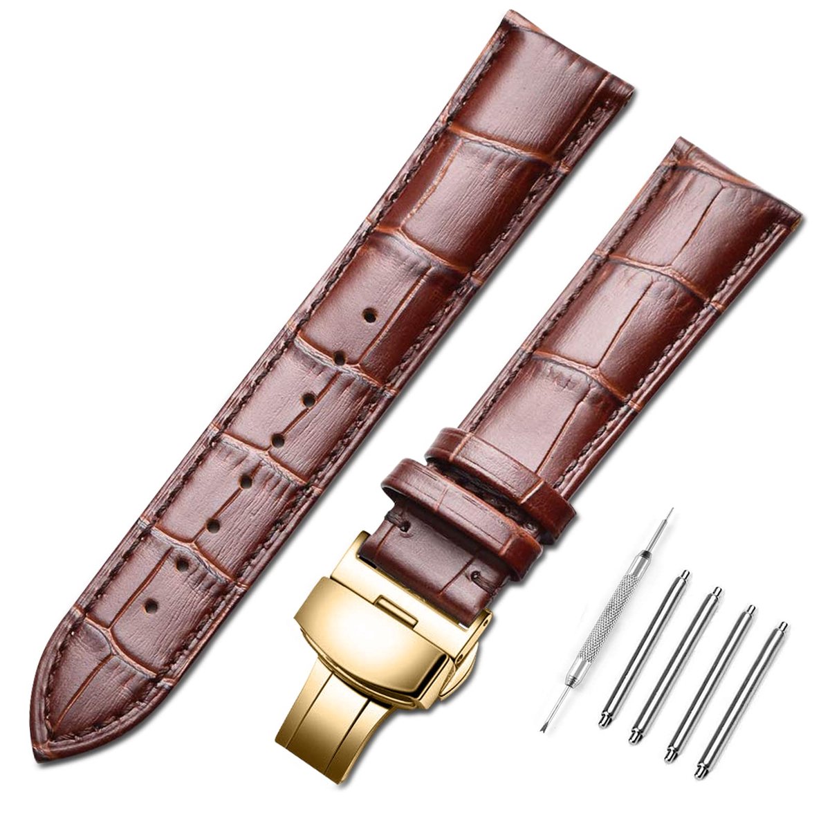 Omgoods - Leren horlogeband, compatibel met 18 mm tot 24 mm - Roestvrijstalen gesp, vervanging voor dames en heren