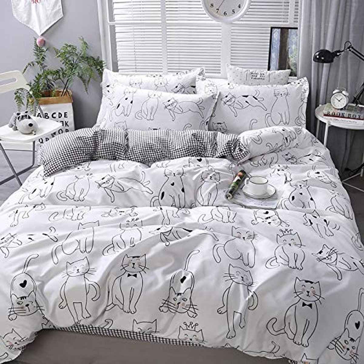 Omgoods - King Size Duvet Cover Set met Zwart-Witte Kattenprint - Reversible