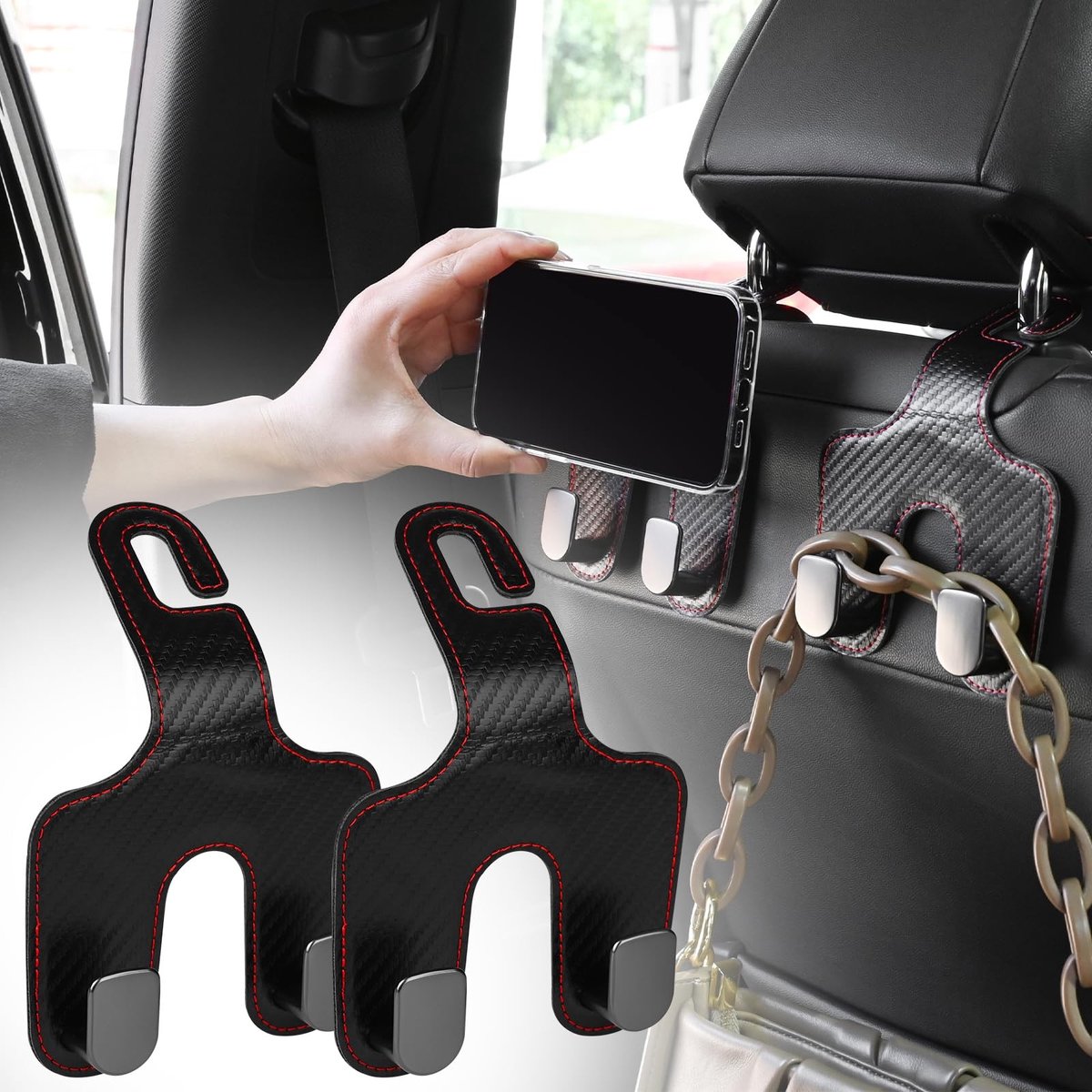 Omgoods - Lederen Hoofdsteun Haken voor Auto, 2 Packs voor Handtassen en Boodschappen