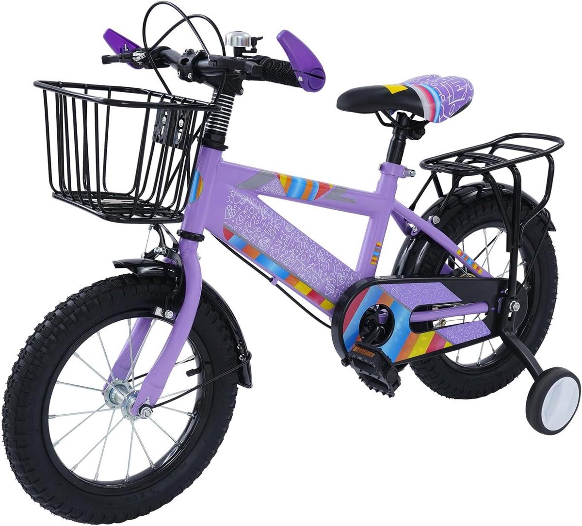 Kinderfiets met steunwielen sfiets sfiets Leren fietsen Gesloten kettingkast 14 inch Paars roze