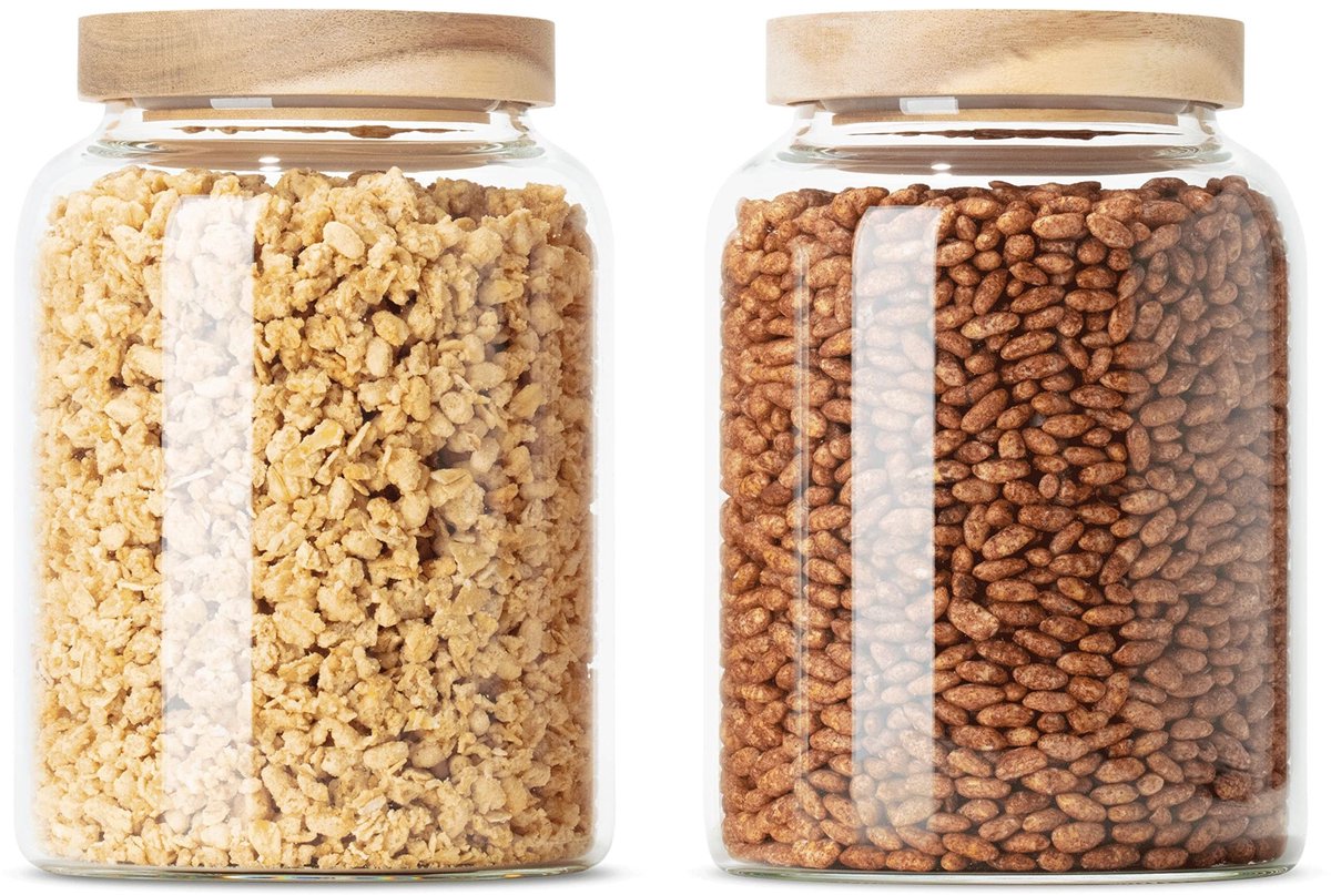 Omgoods - Set van 2 Glazen Opbergpotten met Houten Deksel 1200 ml