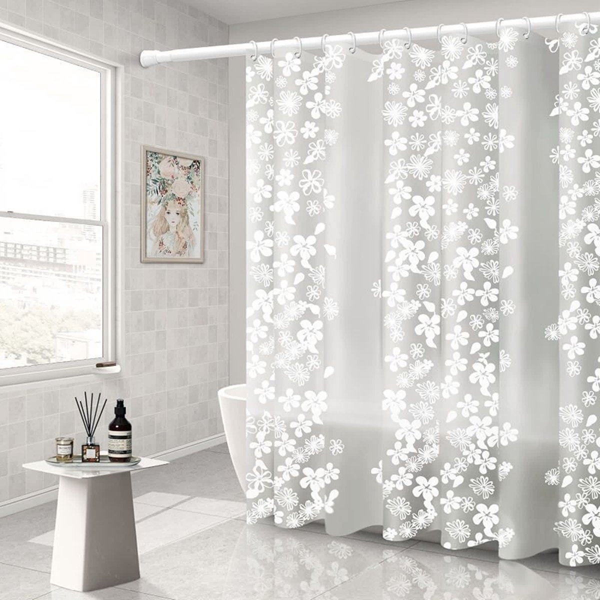 Omgoods - Wasbaar Douchegordijn in Wit met Sneeuwvlokken 200 x 240 cm