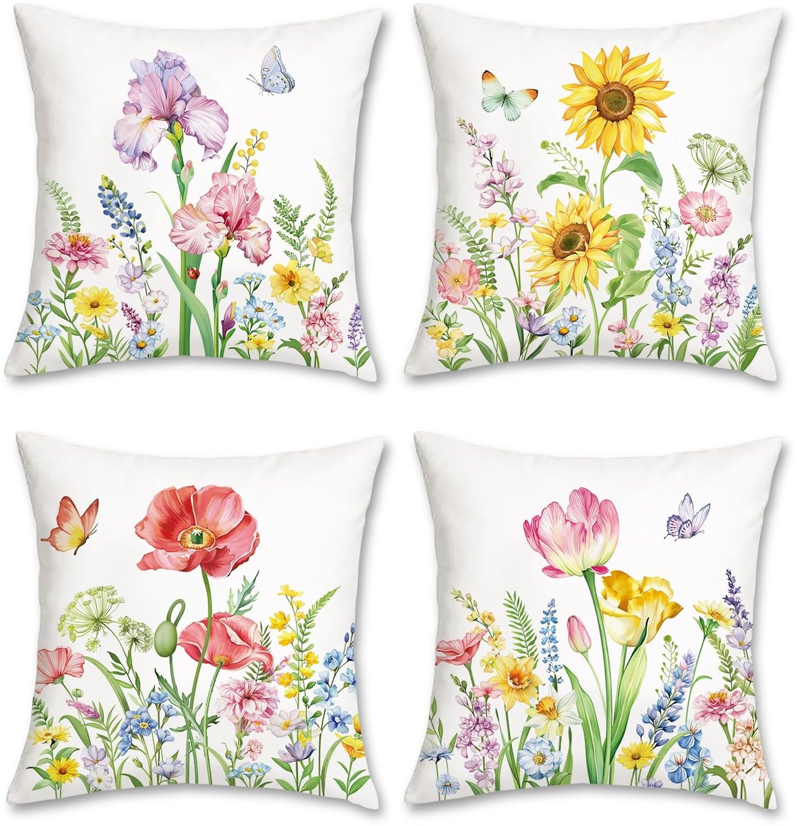 Omgoods - Set van 4 Kussenhoezen 45 x 45 cm Lente Bloemen