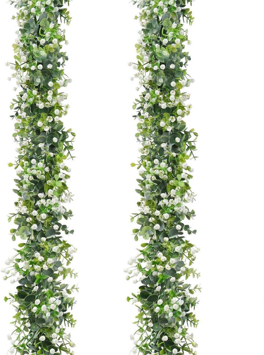 Omgoods - Kunstmatige Eucalyptus Slinger met Witte Bloemen voor Decoratie
