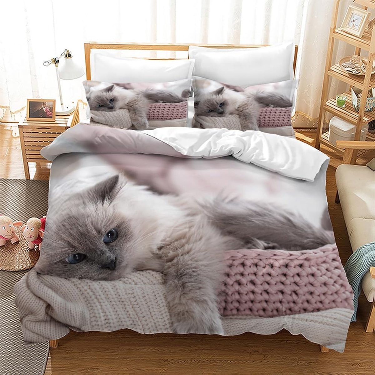 Omgoods - 3D Kat Motief Bedset 220 x 240 cm van Microvezel met Rits