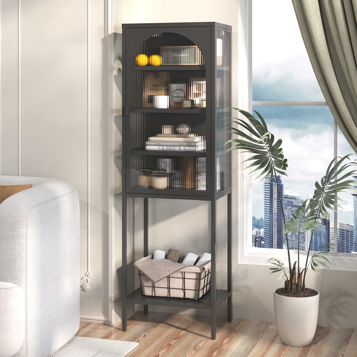COVREO Vitrinekast 50x35x160 cm zwart, metaal en glas met verstelbare planken