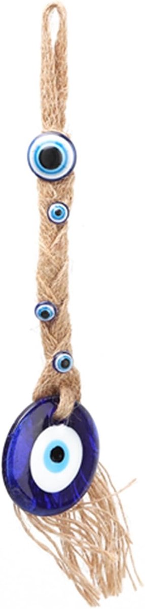 SnelShoppen - Blauwe Turkse Oog Amulet Geluksbrenger van Gekleurd Glas met Jute Touw voor Thuisdecoratie, Kantoor, Tuin en Welkomstcadeau