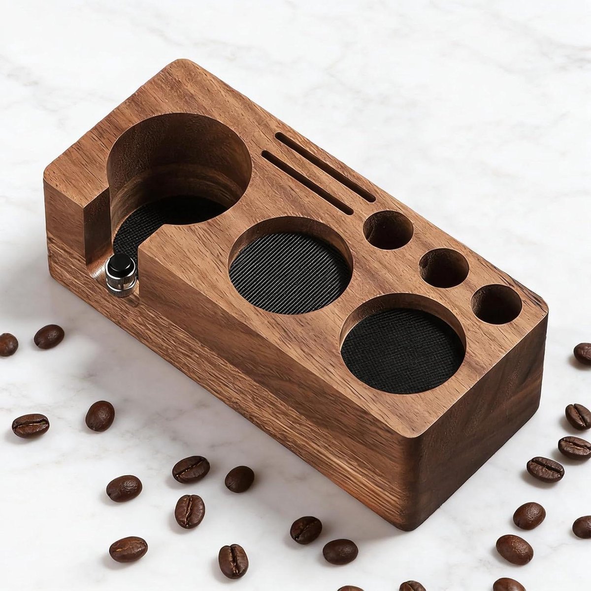 Tamperstation Walnoothout - Barista Station - Koffie Bereiden - Vijf-in-één Design - 51 mm en 54 mm - Bruin
