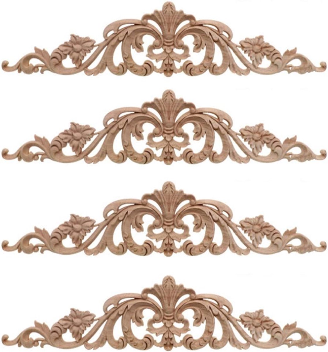 SnelShoppen - 4 Stuks Houten Beitel Stickers, 30x6cm Houten Gegraveerde Lange Applicaties, Houten Meubel Applicaties Hoek Onlay Decoratie Voor Deur De