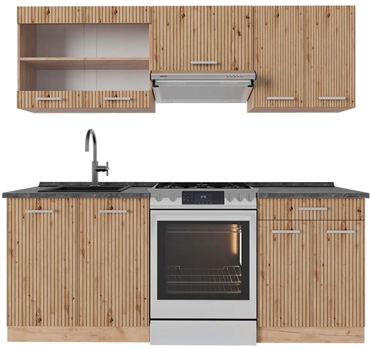 Vicco R-Line Complete keukeneenheid – 200 cm, WB Antraciet Artisanaal eiken/Goudkraft eiken