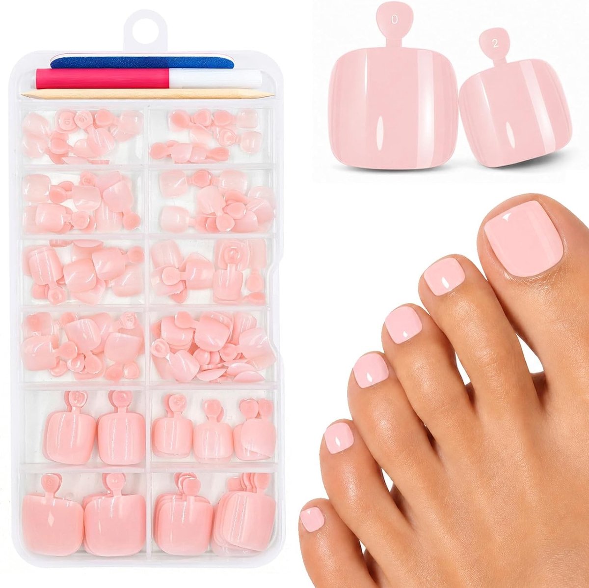 Set van 120 herbruikbare valse teennagels in 12 maten, donker nude Franse acryl teennagels met lijm voor een natuurlijke look en eenvoudig aanbrengen