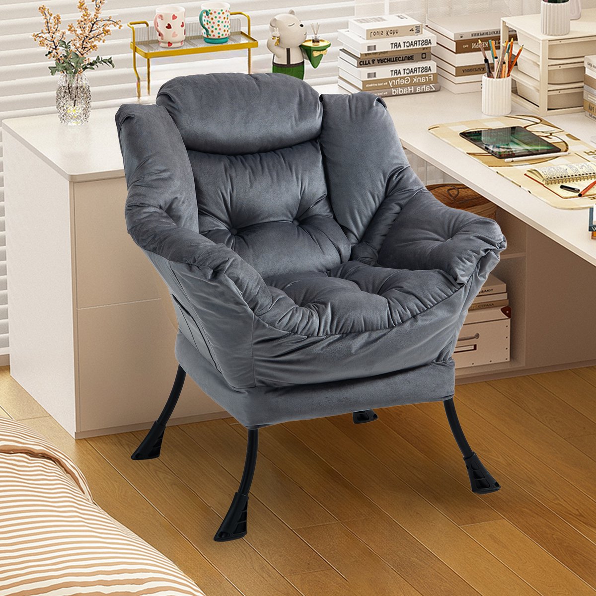 MODENUIT Fauteuil 65 x 81 x 95 cm - Met Zijvak - Voor Woonkamer en Balkon - Metaal en Stof - Donkergrijs