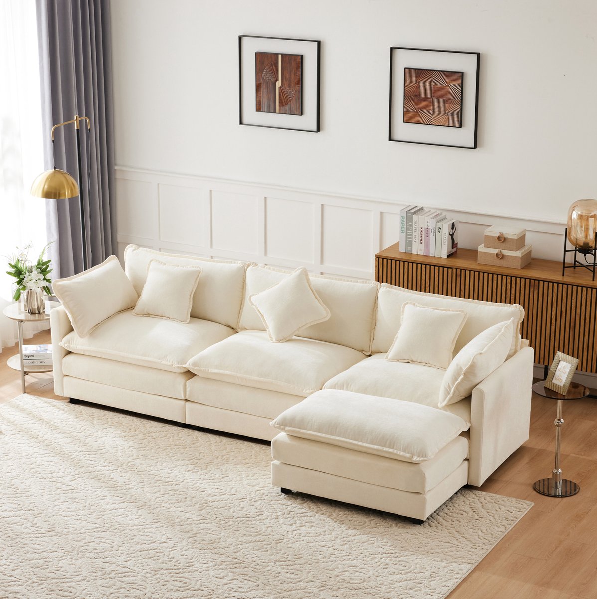 MODENUIT Hoekbank 283 x 147 cm - Met Verplaatsbare Chaise Longue - Voor Woonkamer En Slaapkamer - Chenille Beige