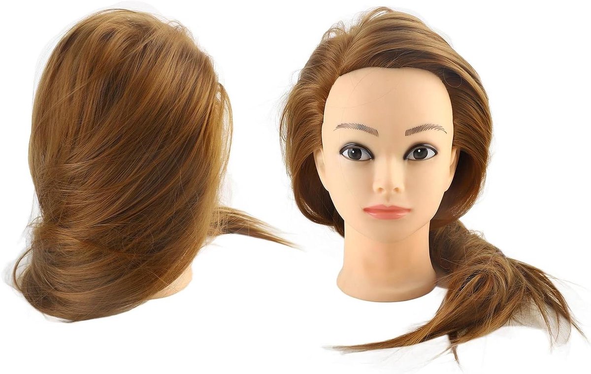 Mannequin Hoofd met Haar - Trainingshoofd Kapper Oefenpop - Haarstyling Oefenen - Hittebestendige Vezel - 65 cm - Bruin