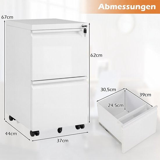 Afmetingen van een witte metalen archiefkast. De kast is 67x37x44cm. Een open lade is 39x30,5x24,5cm.