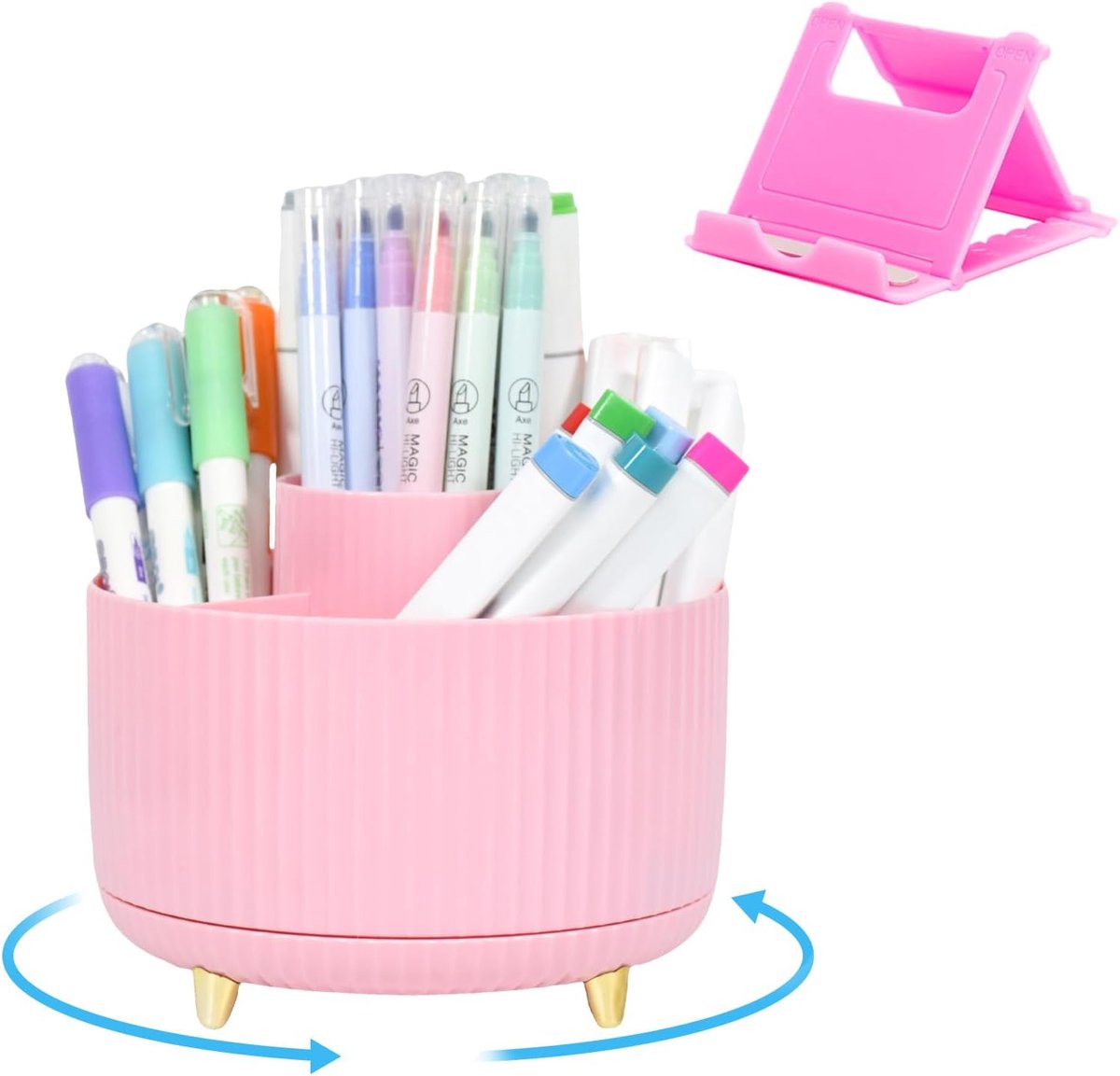 SnelShoppen - 360° Draaibare Pennenhouder met Telefoonstandaard, 5 Vakken, Desk Organizer voor Kantoor, Make-up, Kunstbenodigdheden, Compact en Prakti