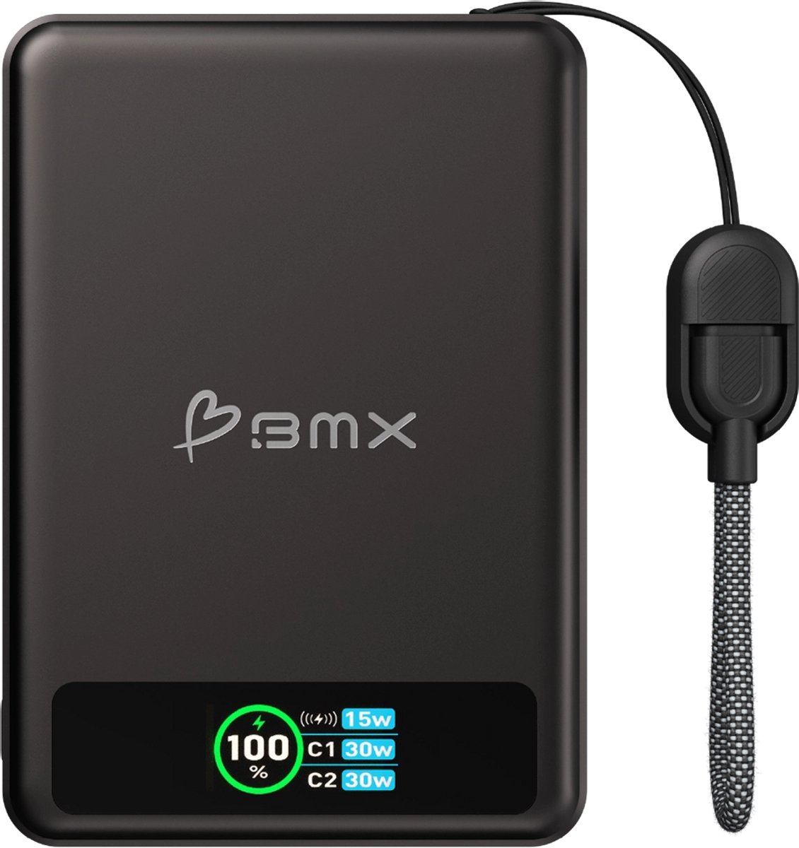 BMX SolidSafe Solid-State Qi2 Magnetische Powerbank – Draadloos opladen 15W – USB-C uitgang 30W – Compact en Duurzaam Ontwerp - Zwart