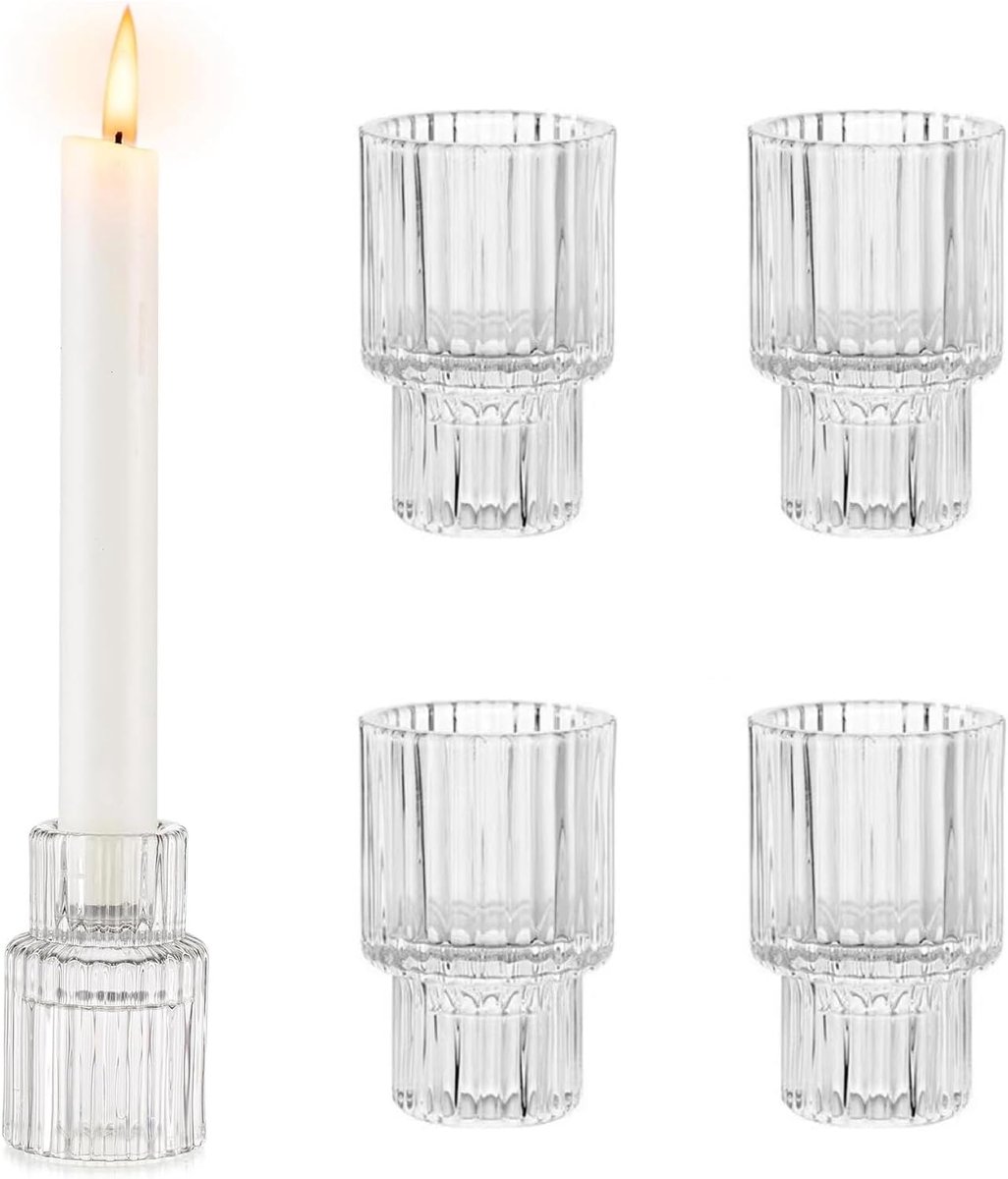 SnelShoppen - 4 Stuks Kaarsenhouders, Glazen, Transparant Glas, Kaarsenhouder, Dubbele Functie, Verticale Streep Design, Voor Thuis, Feest, Decoratie