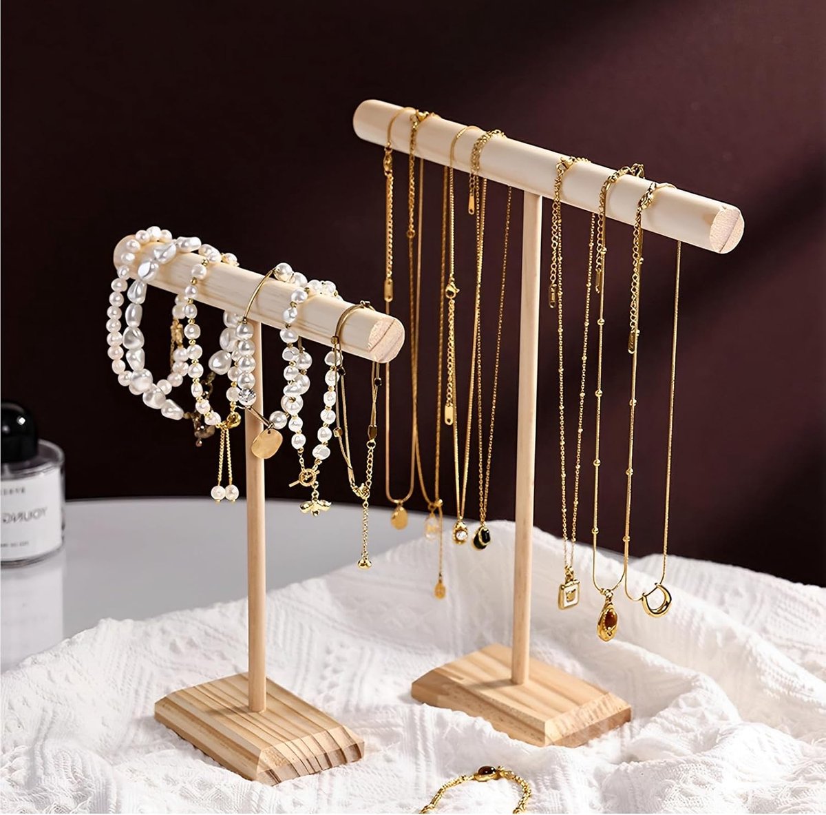 SnelShoppen - 2-delige Houten Sieradenstandaard, T-vormige Kettinghouder, Removable Sieradenopslag, Stabiliteitsbasis, 28x24,5cm en 22,5x19cm