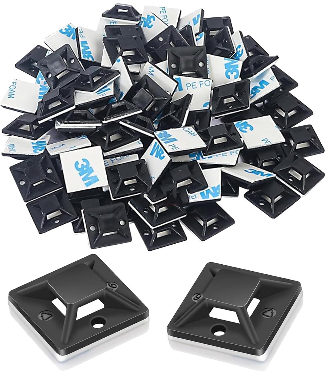 SnelShoppen - 100 Stuks Kabelbinders Bevestiger Zelfklevend 20x20mm Zwart voor Thuis en Kantoor, Kabelhouders, Kabel Tie Bevestiging