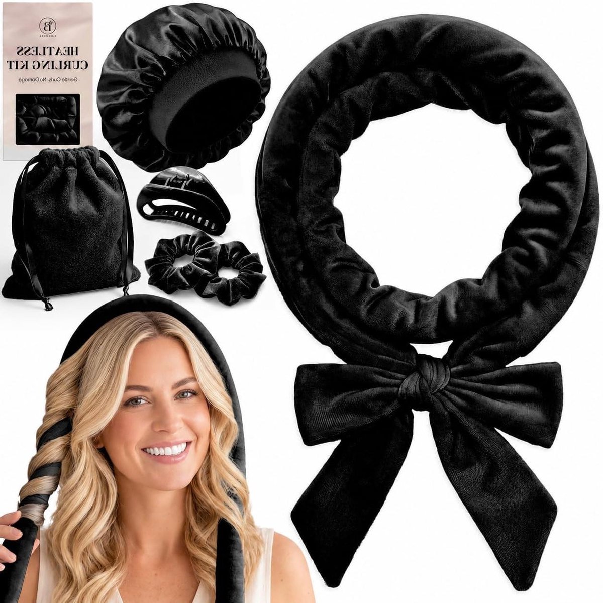 Haarkrultang zonder warmte - Krulset Lintkruller - Nachtelijk krullen - Fluwelen staaf - 160 cm - Zwart