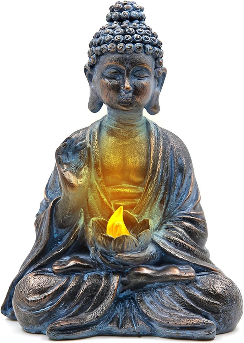 SnelShoppen - Boeddha Tuinbeeld met Lotus Verlichting, Resin Zen Standbeeld voor Tuin, Terras, Vensterbank, Decoratie, Meditatie, Spirituele Verlichti